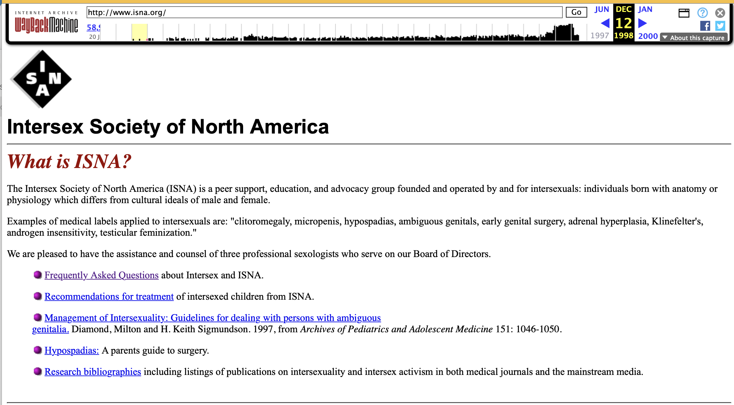 Screenshot of the isna.org home page as captured by the Wayback Machine on 12 December 1998